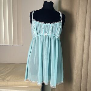 Victoria's Secret Y2K Vintage Sheer Aqua Lace Trim Babydoll Chemise L